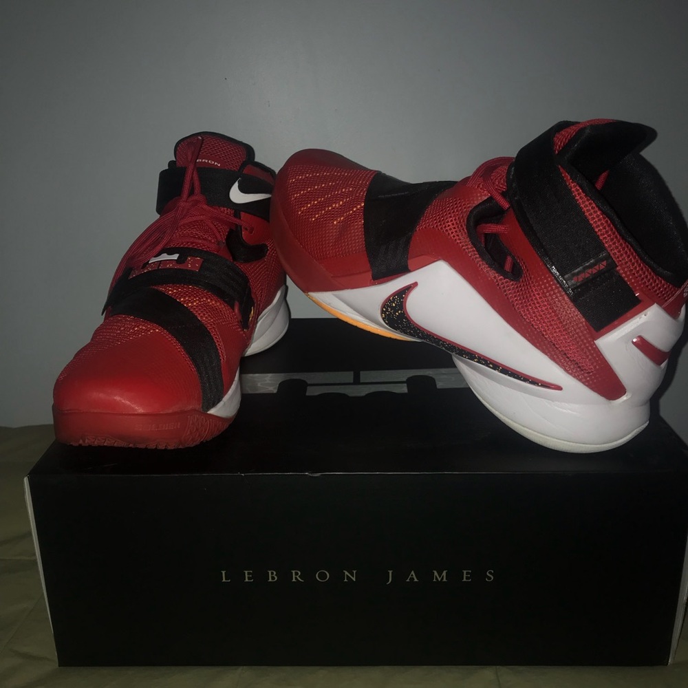 Red Nike Lebron James Soldier IX sneakers